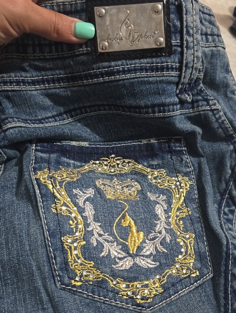 Baby Phat Blue Straight Leg Jeans with Gold & Silver Embroidery - Picture 3 of 6